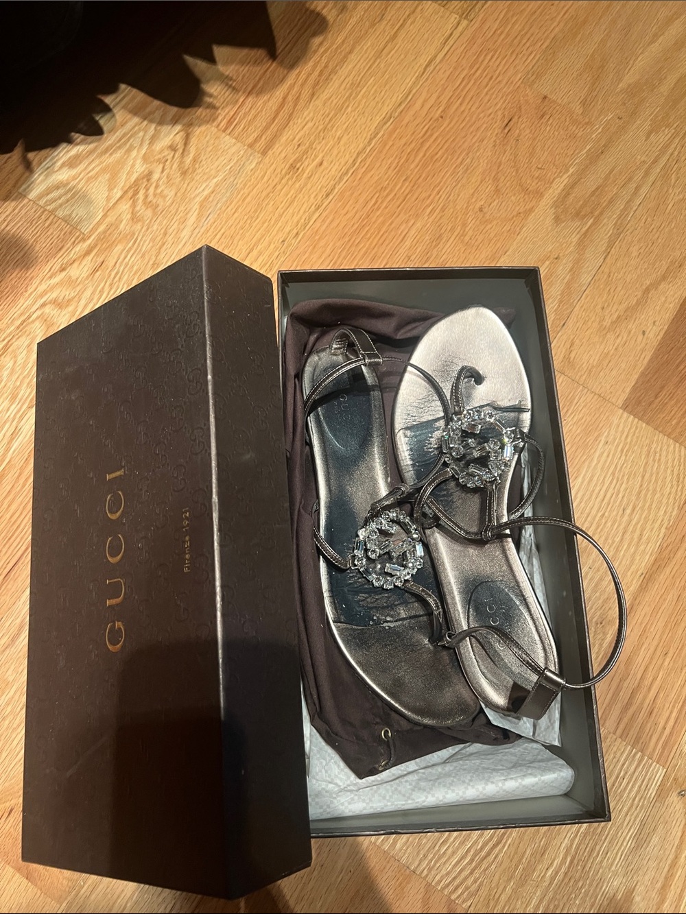 Gucci Metallic Black Crystal T-Shaped Strap Sandals